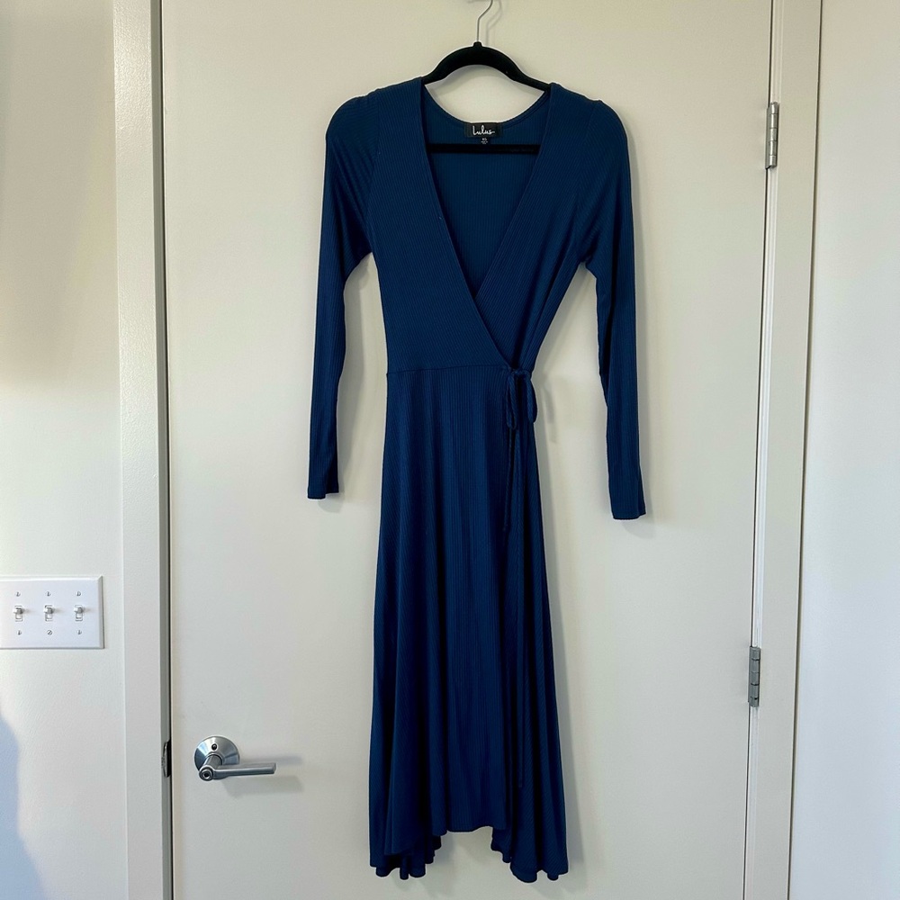 Lulu's Blue Long Sleeve Wrap Dress
